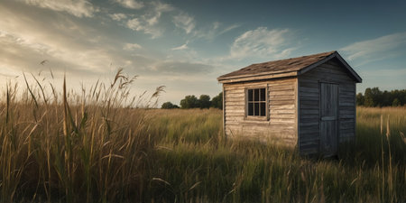 AI Generated. A small dilapidated shed stands alone in a sea of tall grass its windows boarded up and no signs of life reflecting the theme of alienation in the tranquil countrysideの素材