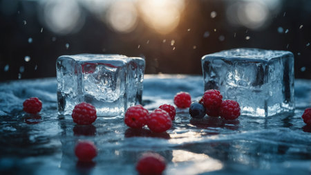 AI Generated. The immunestrengthening properties of cold exposure are highlighted in an ice bath surrounded by ice cubes & winter berriesの素材
