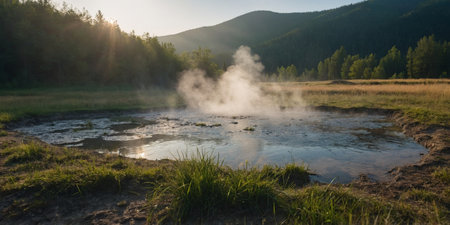 AI Generated. A secluded meadow with a natural hot spring bubbling up from the ground offering contrast between hot and cold temperaturesの素材