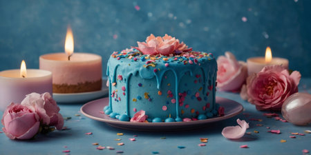 AI Generated. Festive blue background with confetti and pink cake with candlesの素材