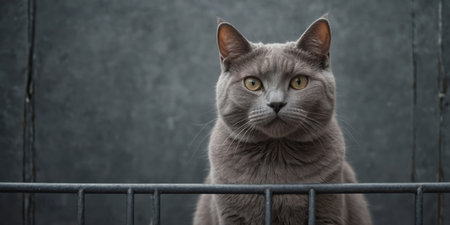 AI Generated. Gray cat looking from behind a blank gray bannerの素材