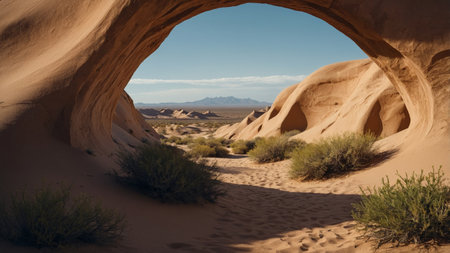 AI Generated. A desert l&scape using s& dunes molded into sculpted arcs representing the harmonious relationship between geometric shapes & natures forcesの素材
