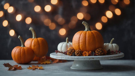 AI Generated. Little pumpkin on cake holder Aesthetic Thanksgiving or Halloween composition in a minimalisn'tt style, trendy pastel colorsの素材