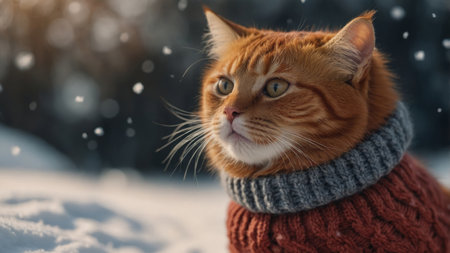 AI Generated. Funny red cat in a warm sweater on a winter backgroundの素材