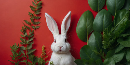 AI Generated. Happy Easter minimal concept Bunny rabbit ears made of natural green leaves on red and green background Flat layの素材