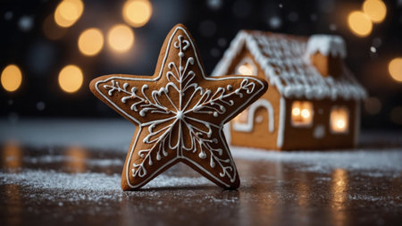 AI Generated. Gingerbread star, snowflake on festive Christmas tableの素材