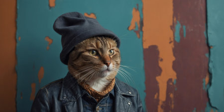 AI Generated. Funny cat in a hat and jacket on the background of a colored wallの素材