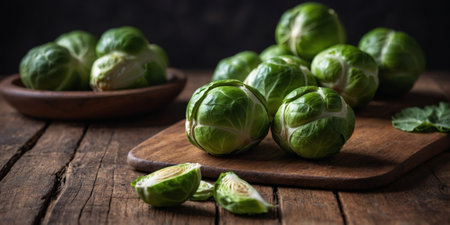 AI Generated. fresh green brussels sprouts on a wooden tableの素材
