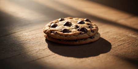 AI Generated. Close-up of a chocolate chip cookie lit by sunlightの素材