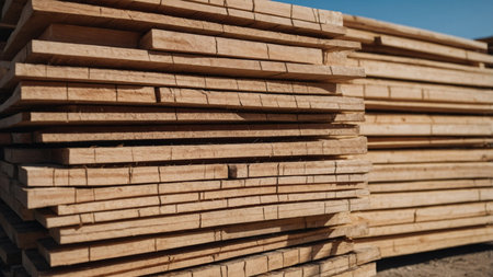 AI Generated. stacks of beech boards in an outdoor lumberyard ready for shippingの素材
