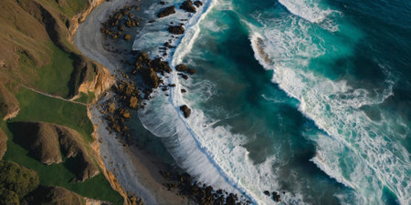 AI Generated. Drone view of a dramatic coastline with crashing waves and sea cliffsの素材