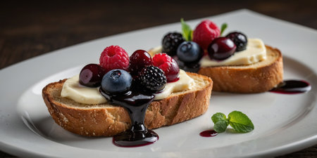 AI Generated. Sweet and savory wild berry crostini topped with creamy cheese and a hint of balsamic glazeの素材