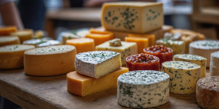 AI Generated. Soft focus on a display of artisanal cheeses and spreads at an indoor farmers marketの素材