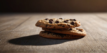 AI Generated. Close-up of a chocolate chip cookie lit by sunlightの素材