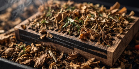 AI Generated. A macro shot of a premium grill smoker box able to infuse flavorful wood chips and herbs into grilled foods for that perfect smoky tasteの素材