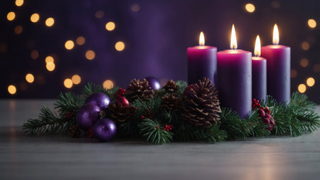 AI Generated. Chrisn'ttmas banner, copy space Advent wreath using purple c&lesの素材