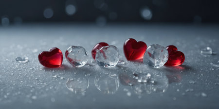 AI Generated. Snowy Valentine's Day background with Cupid, ice cubes and heart shapes Love concept Flat layの素材