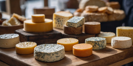 AI Generated. Soft focus on a display of artisanal cheeses and spreads at an indoor farmers marketの素材