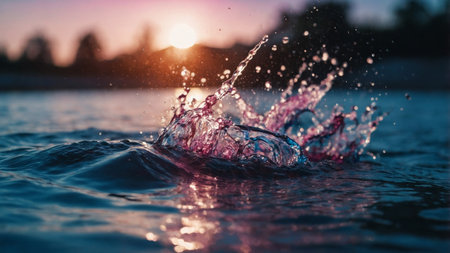 AI Generated. A vibrant splash of water captured in motion with blue as well as pink hues dominating the sceneの素材