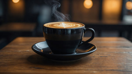 AI Generated. a black cup of coffee with latte art on a wooden counter tableの素材