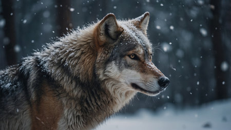 AI Generated. Double Exposure Majestic Wolf in Snowy Winter L&scapeの素材