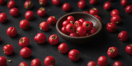 AI Generated. Pink peppercorns heart on black background Love concept Flat layの素材