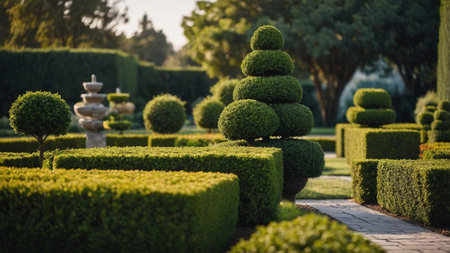 AI Generated. A garden using sculptural topiaries shaped like geometric forms such as cubes & pyramidsの素材