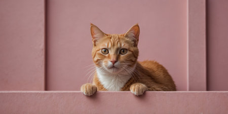 AI Generated. A cute ginger cat character peeking out from behind a pink wallの素材