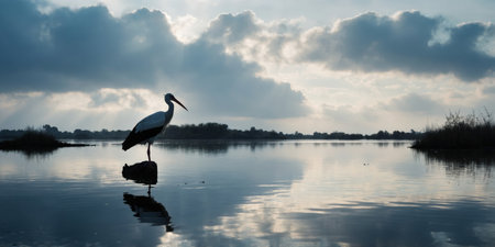 AI Generated. Double exposure silhouette of a white stork with lagoon in the backgroundの素材