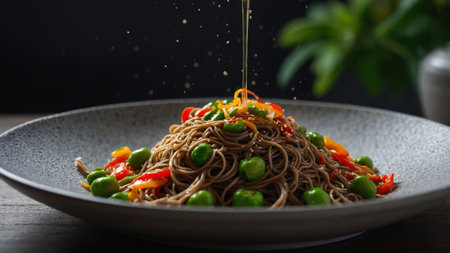 AI Generated. Tangy & flavorful buckwheat soba noodles tossed using sesame oil edamame & bell peppers for a light & refreshing mealの素材
