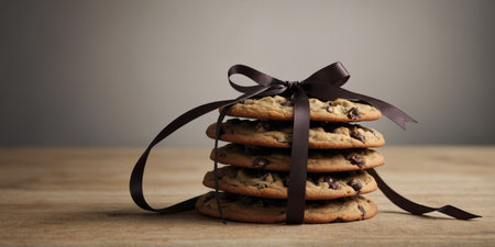 AI Generated. Side view of stack of heart shaped chocolate chip cookies with festive ribbonの素材