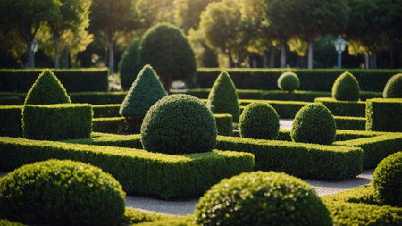 AI Generated. A garden using sculptural topiaries shaped like geometric forms such as cubes & pyramidsの素材