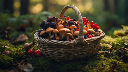AI Generated. A foragers basket overflowing with vibrant mushrooms and berries ready to be incorporated into the mealの素材