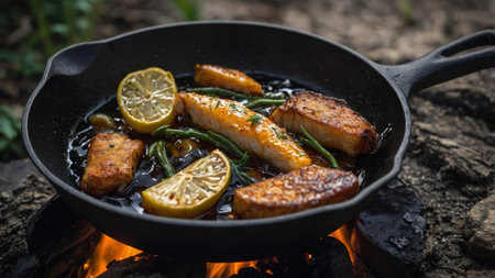 AI Generated. A cast iron skillet sizzling with freshly caught fis also known ash caught from the nearby riverの素材