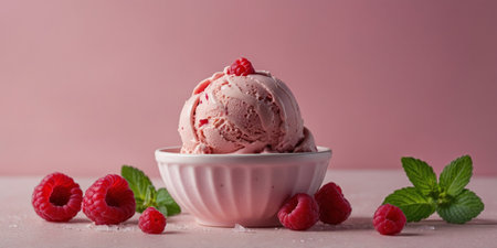 AI Generated. Raspberry ice cream with mint on pink backgroundの素材