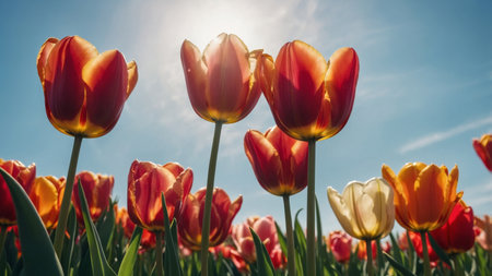 AI Generated. Floral spring wallpaper using colorful tulips & a clear blue sunny sky in the background The concept of spring, nature, beautyの素材