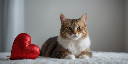 AI Generated. Domestic cat on the background of the room with a heart for Valentines Dayの素材