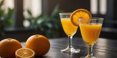AI Generated. Freshly squeezed orange juice served in elegant glasses perfect for toasting to a beautiful morningの素材