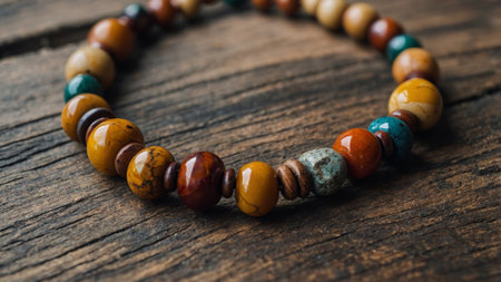 AI Generated. A earthytoned necklace made of natural stones and wooden beads bringing a touch of rustic charm to any outfitの素材