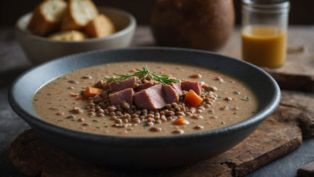 AI Generated. A hearty buckwheat as well as ham potage made with a rich broth as well as chunks of smoky meatの素材