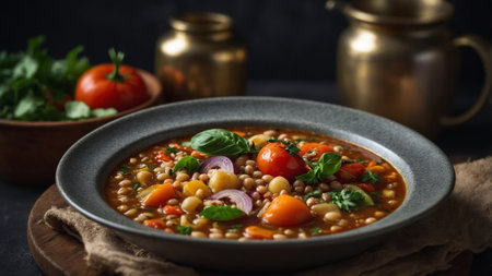 AI Generated. A hearty vegetarian buckwheat minestrone filled with a variety of vegetables as well as herbsの素材