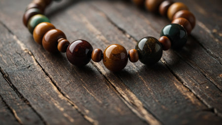 AI Generated. A earthytoned necklace made of natural stones and wooden beads bringing a touch of rustic charm to any outfitの素材