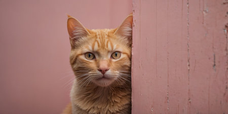 AI Generated. A cute ginger cat character peeking out from behind a pink wallの素材