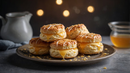 AI Generated. A tray of delicate scones made with organic butter and topped with a drizzle of honeyの素材