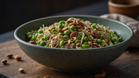 AI Generated. A bowl of chilled buckwheat noodle salad tossed using edamame beans slivered almonds & a zesty lemon dressingの素材