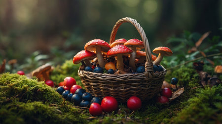 AI Generated. A foragers basket overflowing with vibrant mushrooms and berries ready to be incorporated into the mealの素材