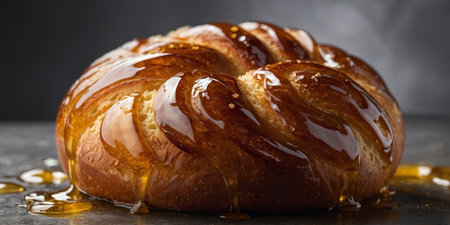 AI Generated. A closeup of a stillwarm brioche bread with its delicate swirls coated in a shiny honey glazeの素材
