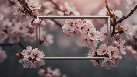 AI Generated. A delicate rectangular frame composed of soft pink cherry blossoms their petals slightly overlappingの素材