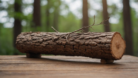 AI Generated. A creative sculpture made from wooden logs stacked together sits on a minimalis also known ast table, accompanied by a simple vase holding delicate branchesの素材