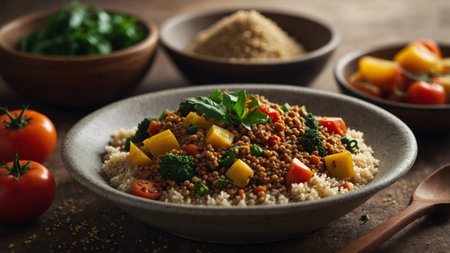 AI Generated. A buckwheat & vegetable curry ed using aromatic herbs & served over a bed of quinoa for a balanced vegan mealの素材